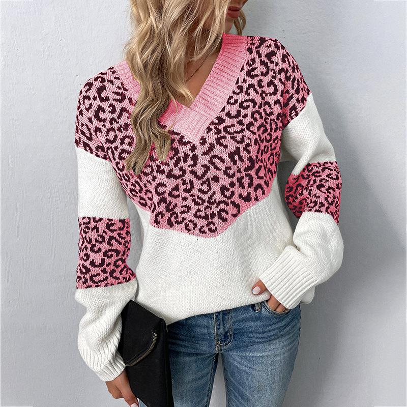 Autumn Winter Vintage Loose Long Sleeve Top Leopard Cardigan Knitwear V-Neck Sweater
