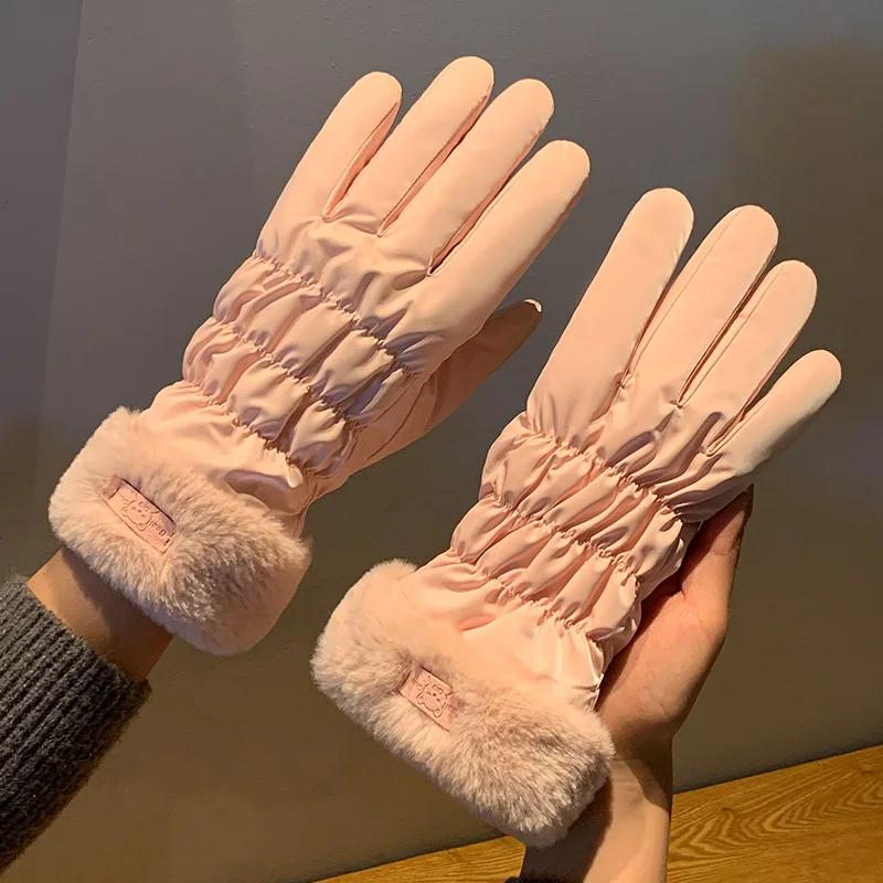 2025 New Women Winter Warm Gloves Cute Touchscreen Riding Waterproof and Cold Proof Plus Thick Plush Cotton Gloves