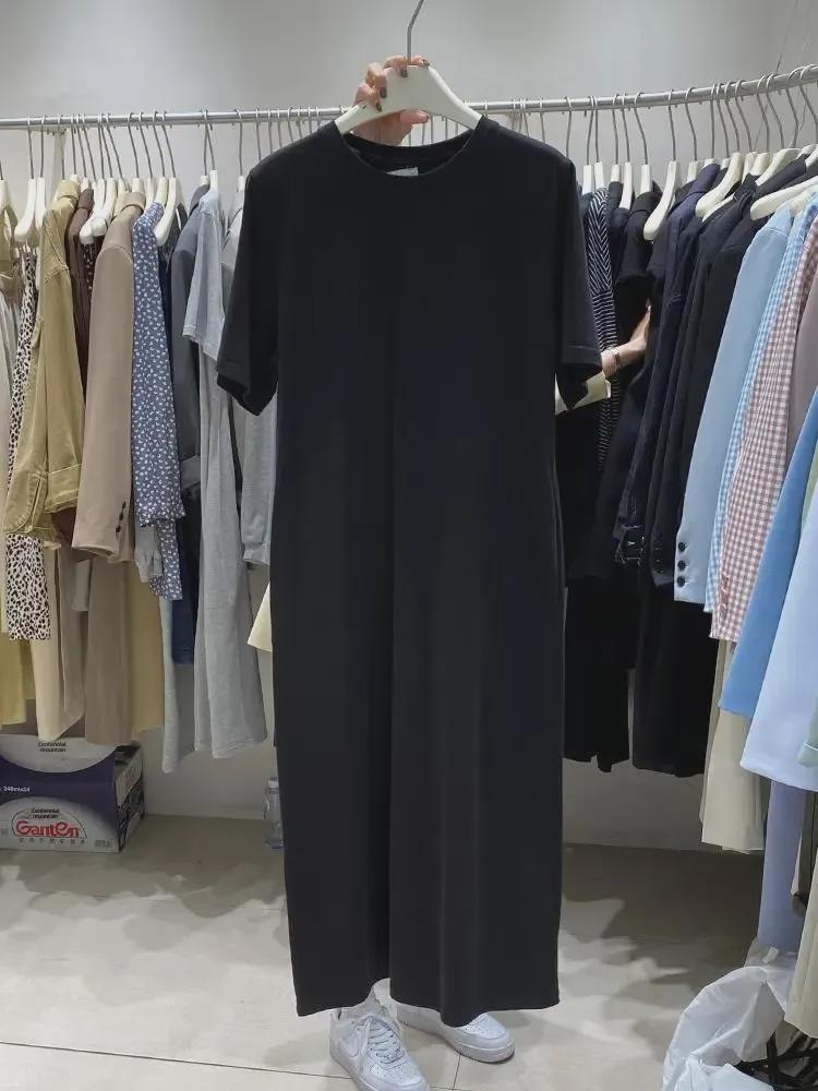 Women's Mid-Length Short Sleeve T-Shirt Dress, 2022 Korean Chic, Loose Casual Solid Color Style.
