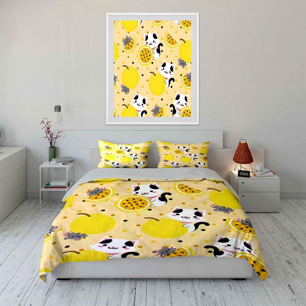 Playful Cats And Fruits Design  Kid'S And Adults' Bedroom Decor, Exquisite Three-Piece Bedding Set Gift