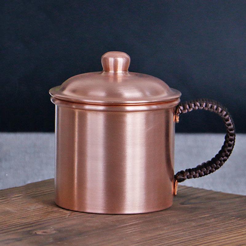 Handcrafted Pure Copper Beer Coffee Mug With lid Weave Handle Thickened Polishing 250 ml Breakfast Couples Gift Cup Drinkware
