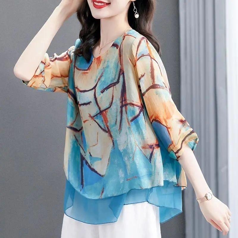 Plus Size Women Printed Chiffon Three Quarter Sleeve Fashionable Blouse S