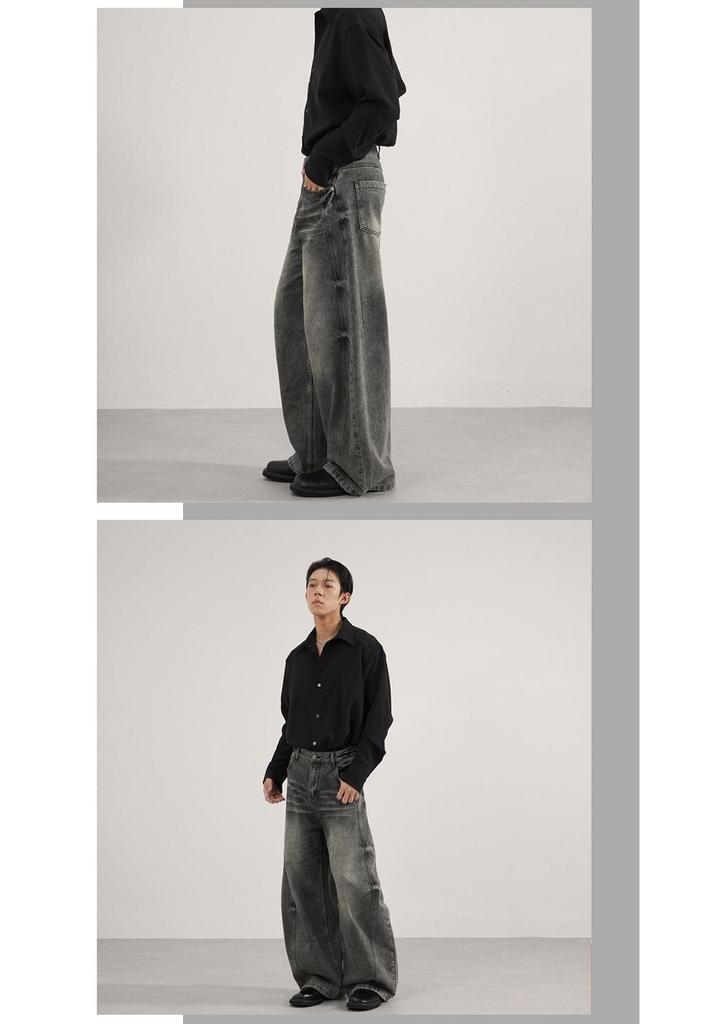 Men's Distressed Black-Gray Curved Blade Baggy Jeans - Unisex Casual Floor-Length Pants