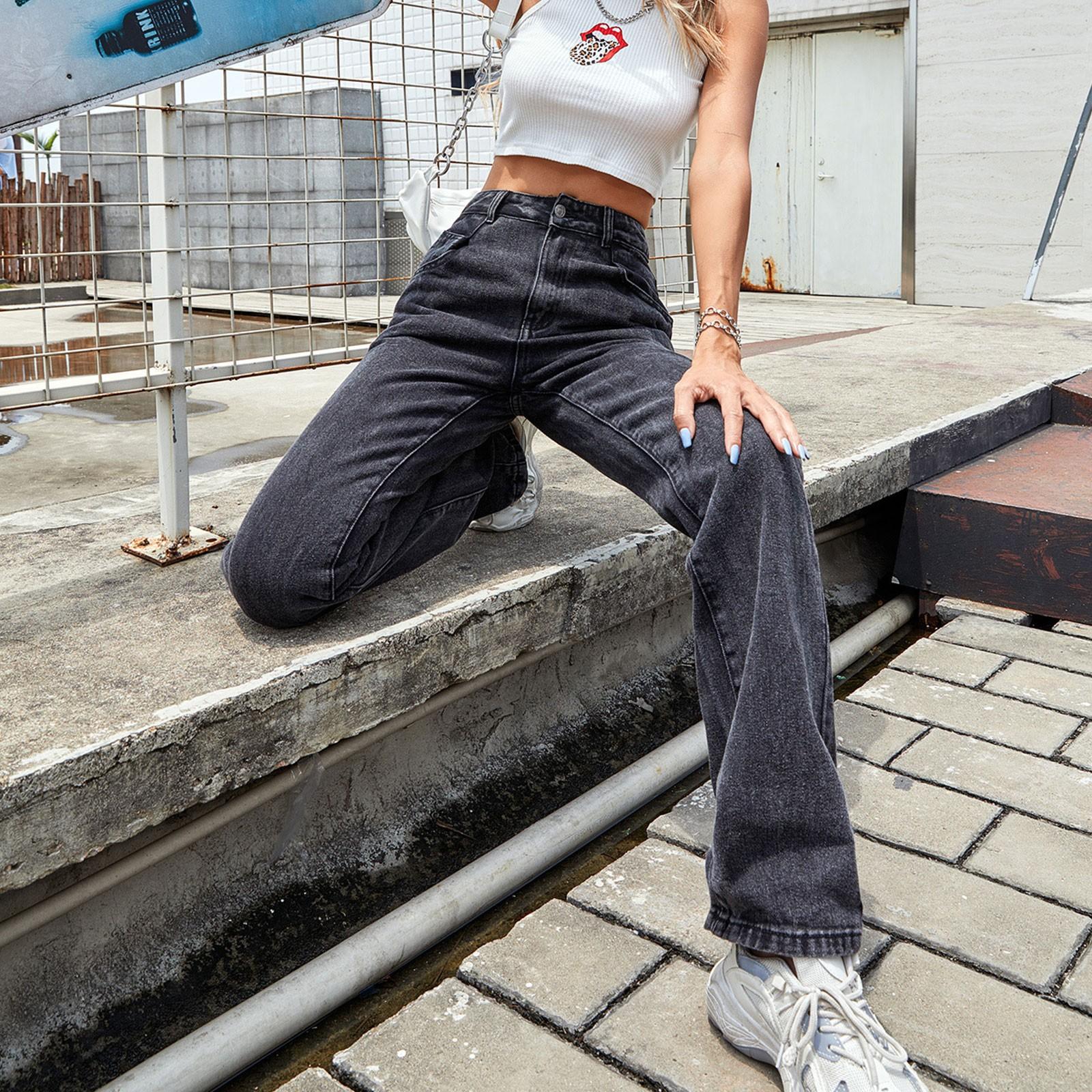 

Женские повседневные модные однотонные джинсовые широкие брюки с высокой талией L чёрный