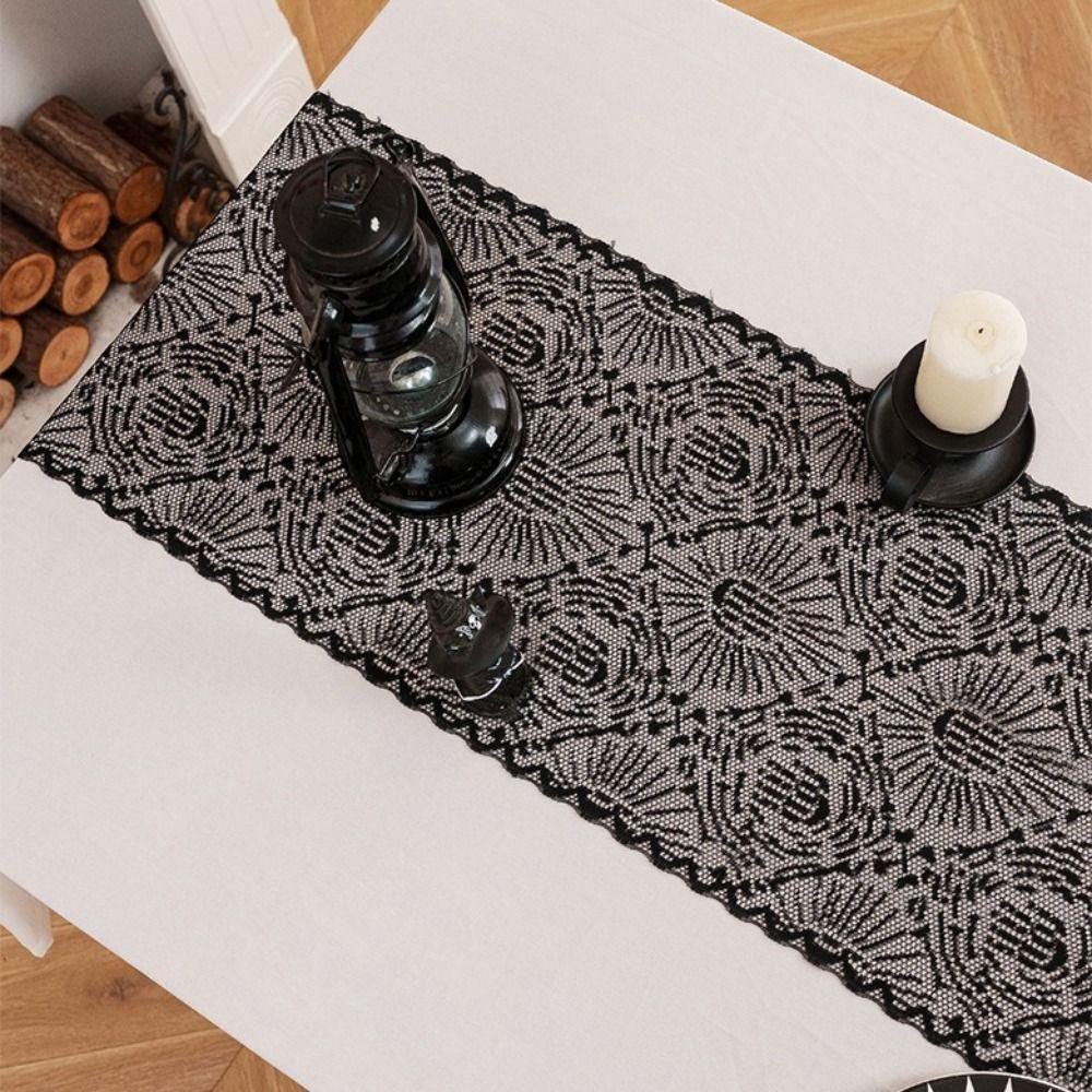 Black Color Black Lace Table Runner Long Length Spider Web Table Runner  Table Decor