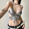 Glossy Punk Butterfly Vest Sleeveless Neck Halter Top Personality Y2K Slim Crop Tops  Female Girl