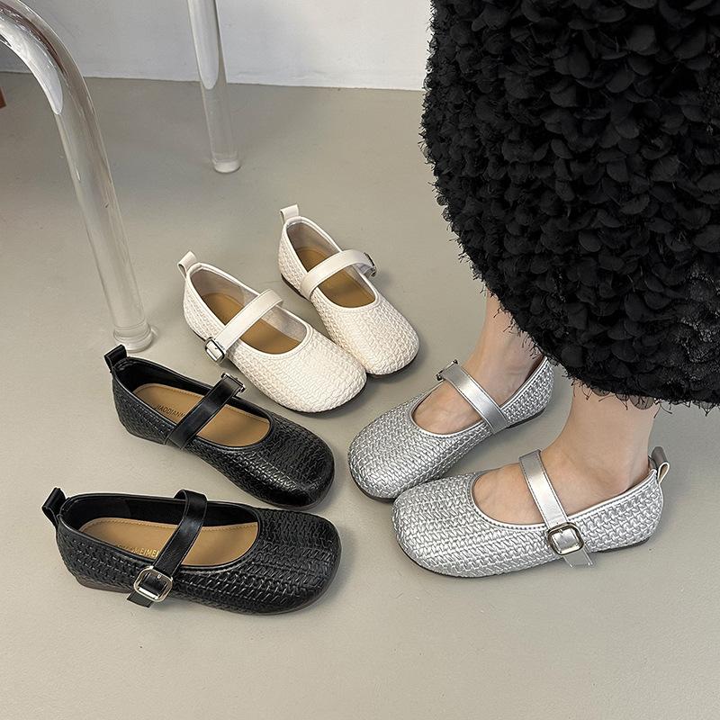 2025 Summer New Woven Striped Mary Jane Shoes Women's Shoes Wear One-word Buckle Soft-soled Small Fragrant Wind Light Mouth Single Shoes