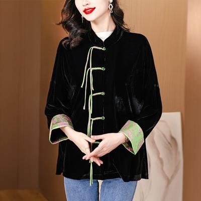 Chinese Style Stand Collar Short Jacket Women's Autumn Retro Vintage Tassel Buttons Silk Velvet Tang Suit Top