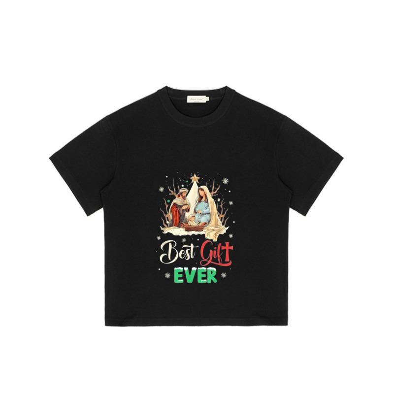 Christmas T Shirt Black Nativity Scene with Mary Joseph and Baby Jesus Best Gift Ever Text Holiday Party Wear