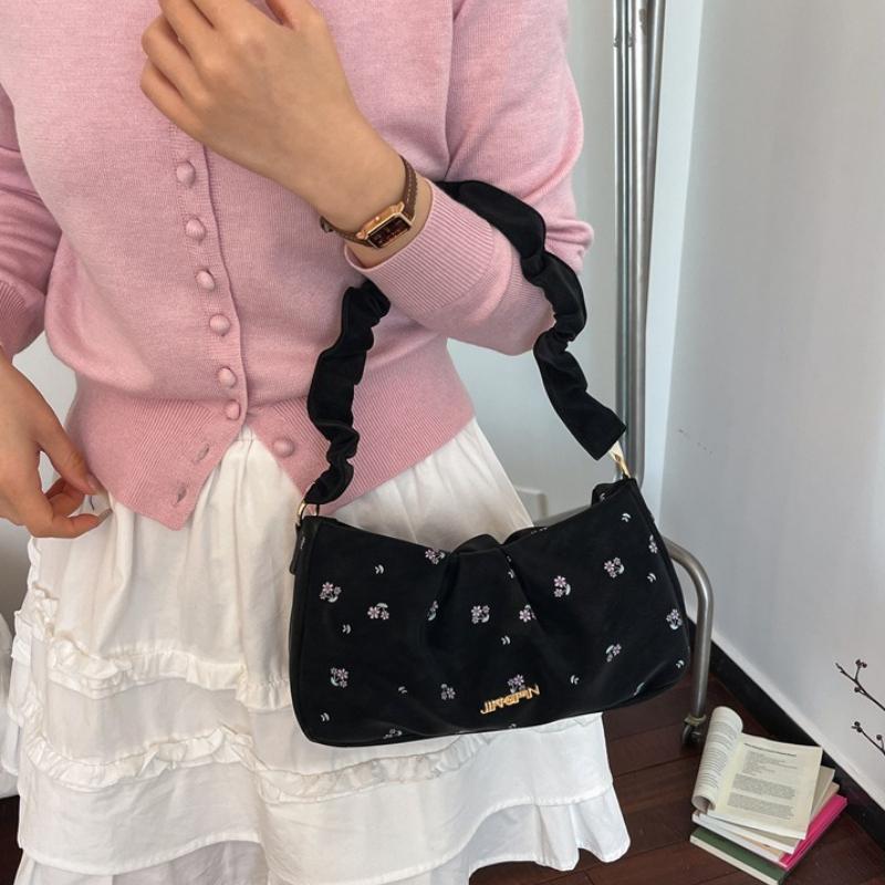Sweet Floral Pleated Strap Women Pu Shoulder Bags Lightweight Portable Ladies Underarm Bag Casual Versatile Girls Zipper Handbag