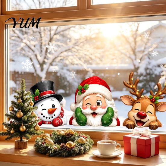 Christmas Gifts for Friends Window Stickers, Static Cling Santa Claus Snowman Reindeer Decals, Removable PVC Stickers Holiday Glass Clings Home