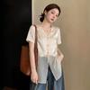 V-neck Acetic Acid Satin Short-sleeved Shirt Women's Summer New Mesh Hem Design Short-sleeved Top A