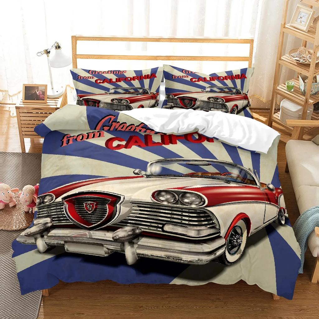 New York Statue of Liberty Duvet Cover King Queen Size Retro Car Nostalgic 50s Bedding,Vintage Car Polyester Quilt Cover for Men
