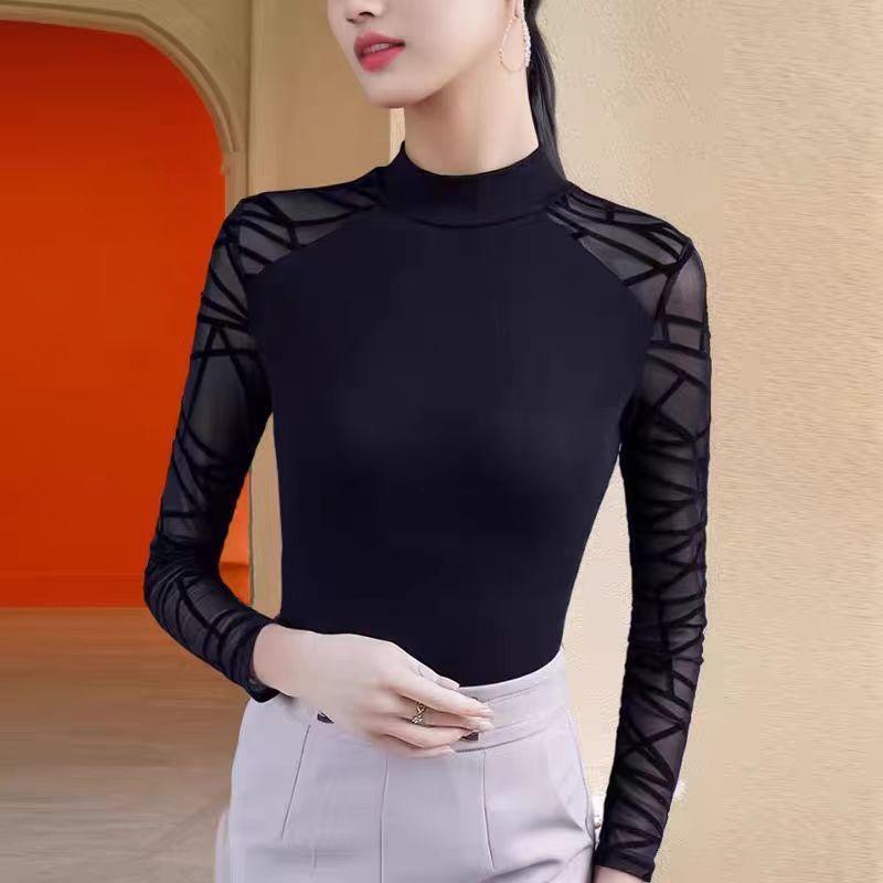 Five-point Sleeve T-shirt Women's Hollow Black Slim Shirt Half High Neck Fashionable Versatile Top