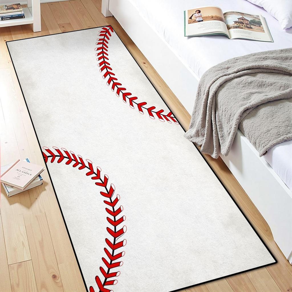 Ball Sports Theme Hallway Runner Rug Baseball Rugby Football Print Non Slip Mat for Boy's Room Living Room Kitchen Bedroom
