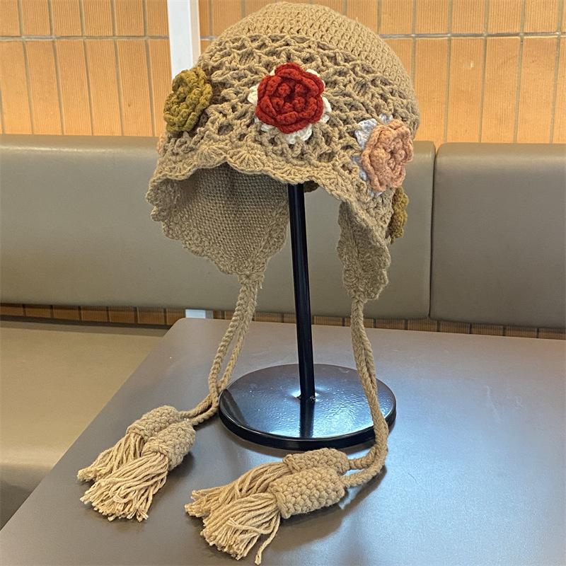 Handwoven double-layer flower wool hat women's autumn and winter warm versatile pullover hat travel fringed knitted hat