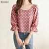 ZANZEA Women Polka Dot Print Casual Round Neck 3/4 Sleeve Elegant Blouse