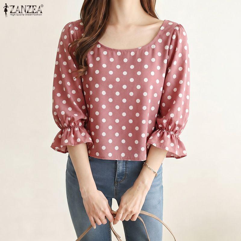 ZANZEA Women Polka Dot Print Casual Round Neck 3/4 Sleeve Elegant Blouse
