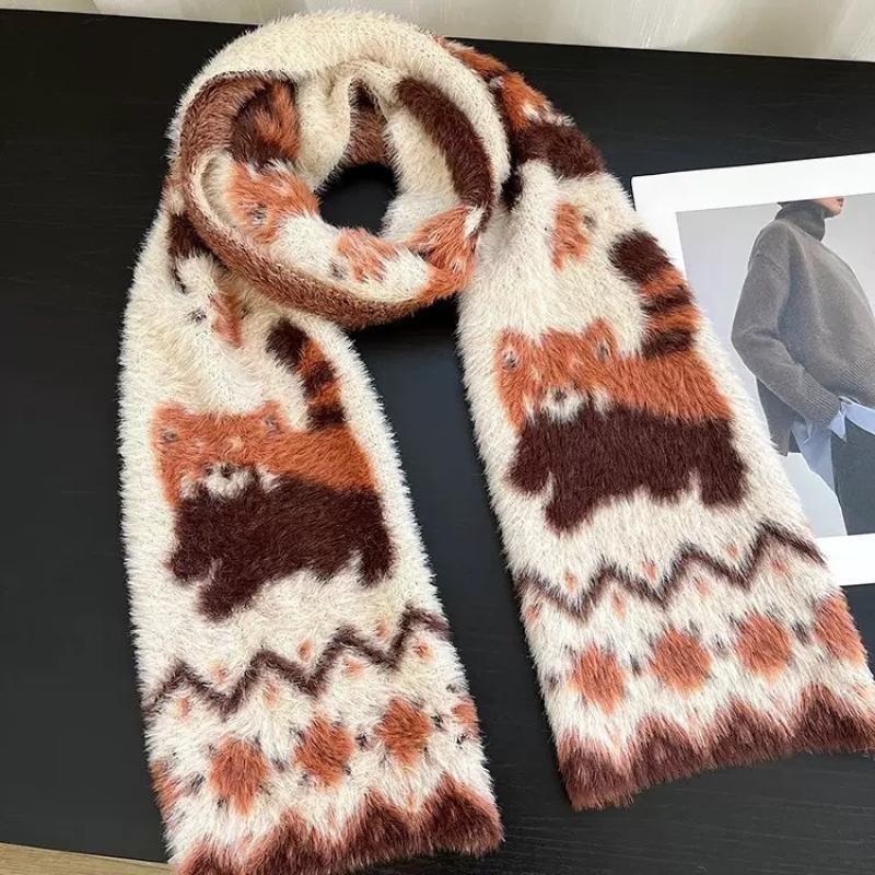 Cartoon Brown Raccoon Patterned Scarf Knitted Faux Mink Fur Scarf Soft Comfort Women Winter Neckerchief Warm Scarves