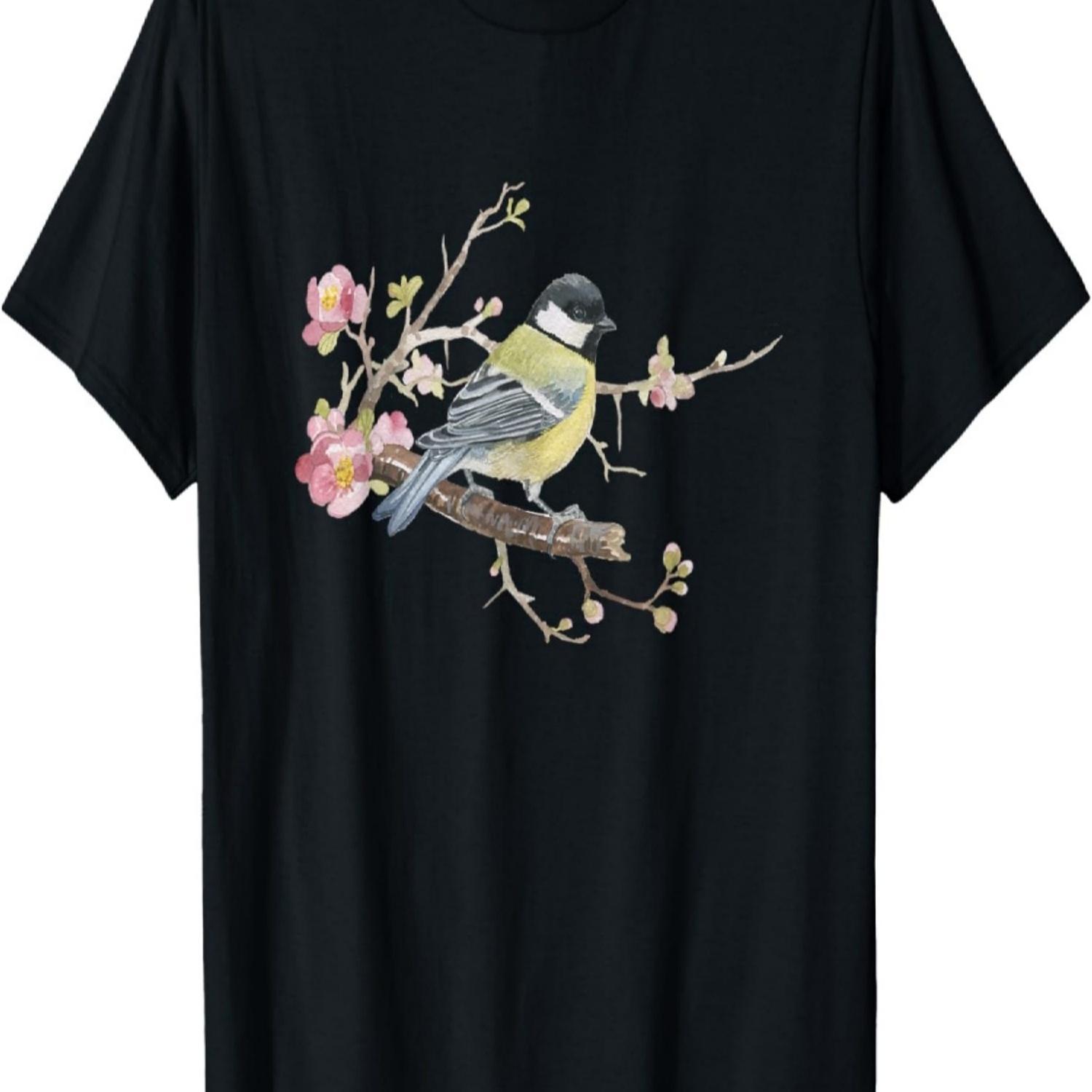 

Garden Birds Great Tit on Cherry Blossom Drawing Bird T-Shirt S чёрный
