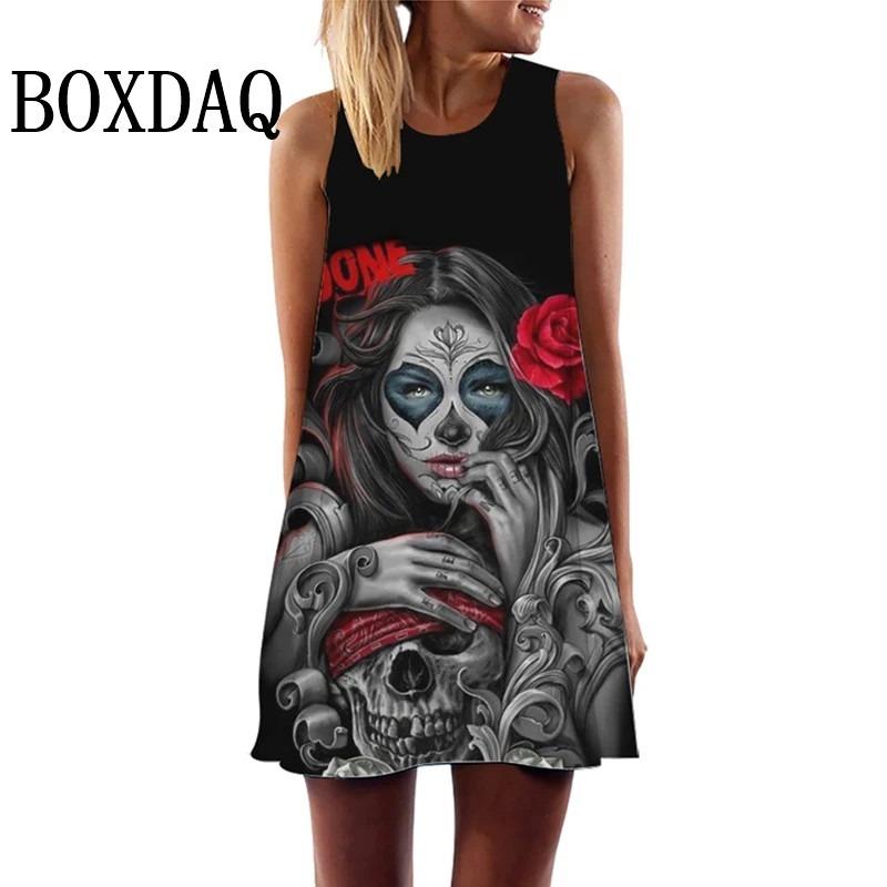 Vintage Skull Face 3D Print Women's Dress Summer Fashion O-Neck Sleeveless Mini Dresses Casual Vest Ladies Punk Streetwear