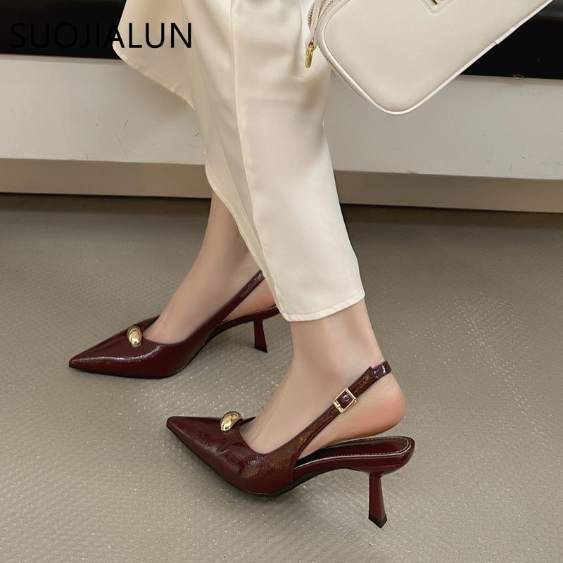 Fashion SUOJIALUN 2025 Summer New Brand Women Sandal Shoes Fashion Pointed Toe Shallow Slip On Ladies Elegant Slingback Shoes Pumps