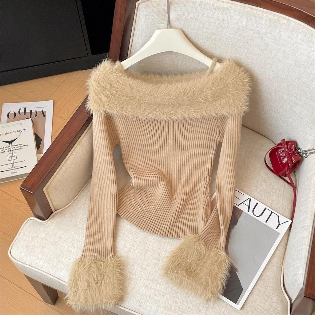 Chic French One-Shoulder Flare Sleeve Sweater Camisole for Women - Slim Fit Fuzzy Autumn/Winter Base Layer.
