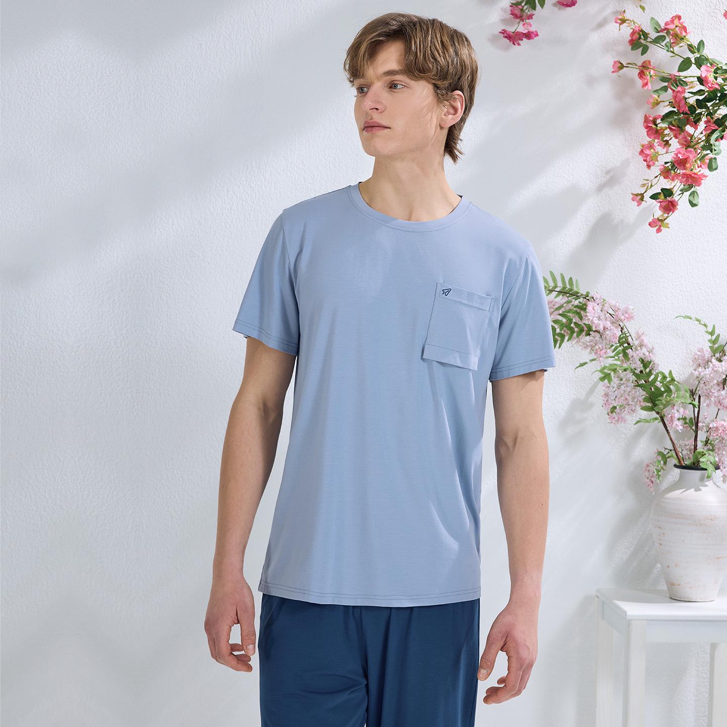 Men s 50s Lan Jing Modal Cotton Ice-Cool Knit Half-Face Short Sleeve Long Pants Homewear Set for Spring/Summer Couples L