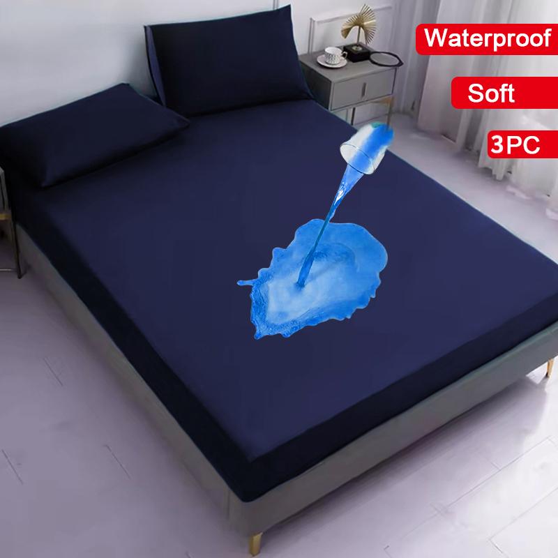 3PC Waterproof Bed Sheet Set Solid Color Moisture-proof Dust-proof Non-slip Mattress Protector Soft Comfortable Bedding Set Deep Pocket Bed Sheet