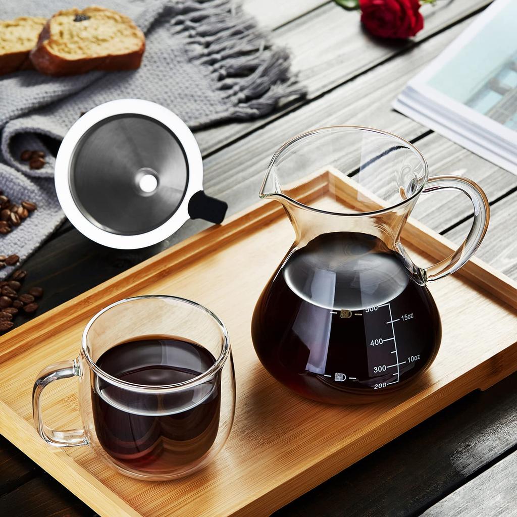 POKALOTEA Coffee Server, Drip Coffee Server, 500ml, No Paper Coffee Filter Required, Borosilicate Heat-Resistant Glass Pot and Reusable Stainless