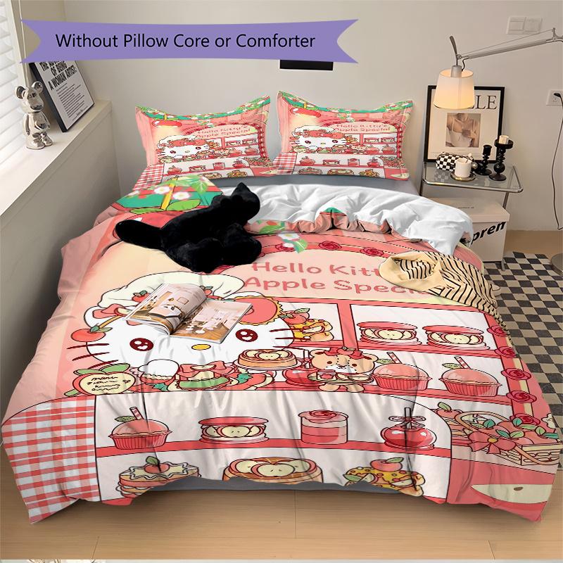 3pcs Sweet Celebration of Flavors and Friends Hello Kitty Quilt Cover Set - Soft & Comfortable Polyester Fabric, All-Season Breathable Comforter