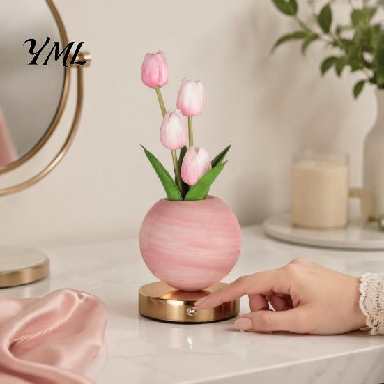 Modern Bedroom Lighting Tulip Ceramic Night Light, Gradient Color Artificial Flower Table Lamp, Rechargeable Eye Caring Reading Light Touch