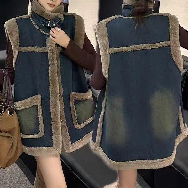 Przytulna Szykowna Kamizelka Patchworkowa Jeansowa z Podszewką z Polarowego Materiału Duży Rozmiar Modelująca Sylwetkę