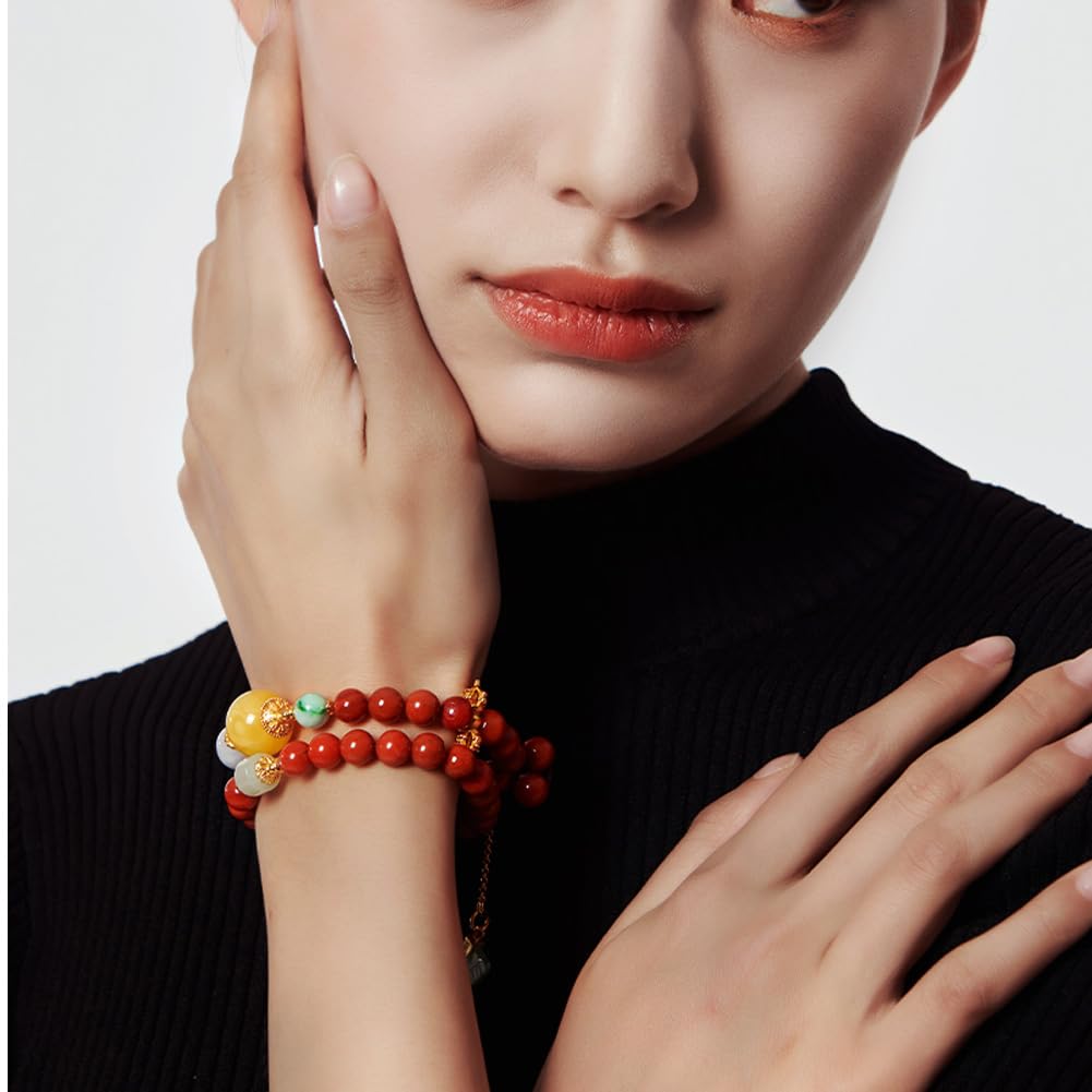 DAZZARRY Red Agate 10mm Double Power Stone Prayer 18K 15mm Natural Good and Fortune Women's Bracelet, Beads, Gold, Amber, Jadeite, Stone, Luck,