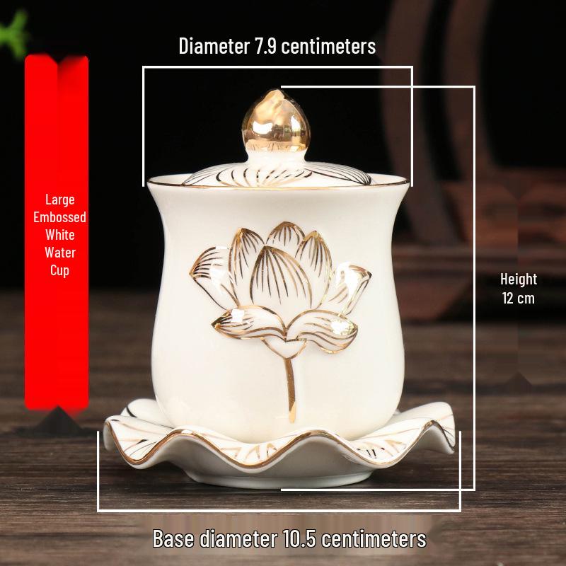 Coppa per Acqua per Altare Buddista in Ceramica di Loto con Mantra della Grande Compassione - Tazza per Offerte a Guanyin