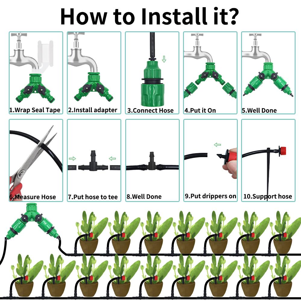 Automatic Drip Irrigation Kit 10-30M, 1/4" Garden Watering System with Nozzles for Farmland,Greenhouse,Bonsai,Flowers Vegetables