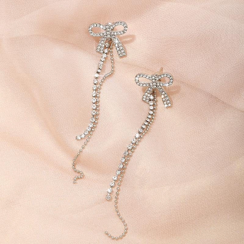 Korean Diamond Bow Tassel Long Earrings: Elegant, Simple, Versatile Fashion for Women