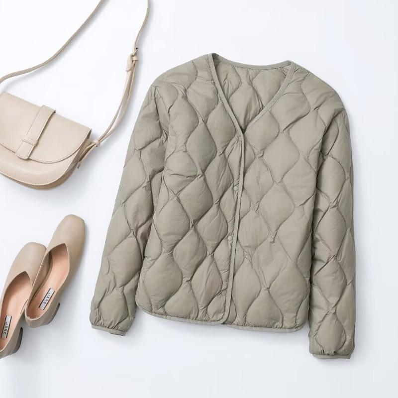 Autumn and Winter Short Rhombus Round Neck Collarless Light Down Jacket Women's White Duck Down Liner with Casual Jacket
