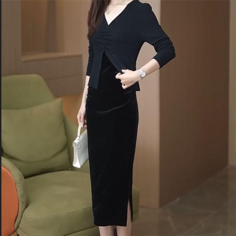 Fake Two Piece Dress Women's Spring and Autumn New Style Pleated Slit Long Sleeved Top Spliced Velvet Skirt