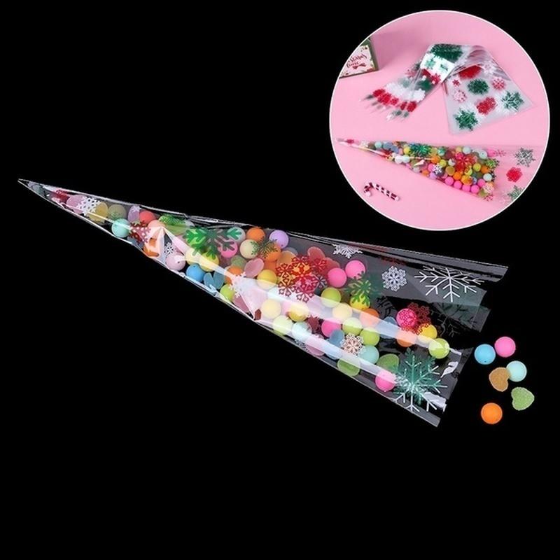 100PCS Wedding Favors Transparent Xmas Pattern Cone-Shaped Christmas Candy Bags Gift Pouch Pocket Pastry Bags Xmas Gifts Bags