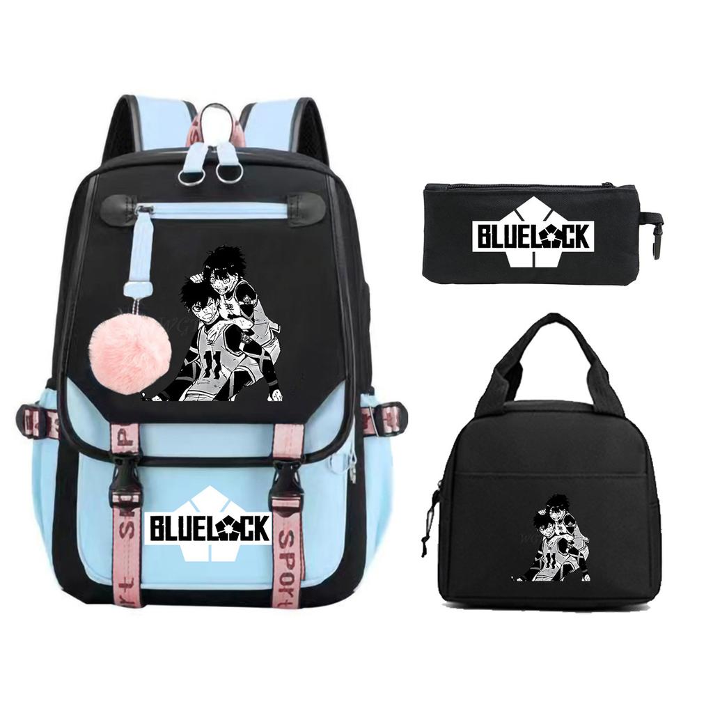 Blue Prison Student School Bag Children'S Meal Bag Casual Pencil Bag Three-Piece Set