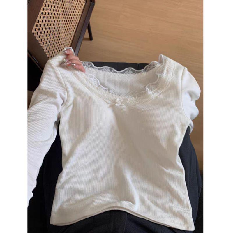 

Elegant Lace Trim Long Sleeve Slim Fit Women s Top - Early Spring to Winter M чёрный