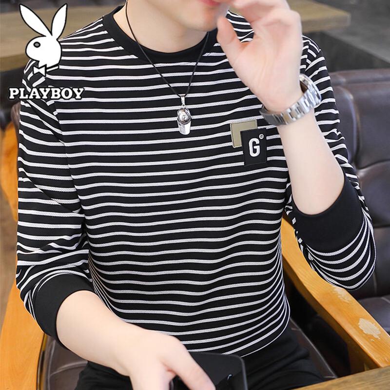 PLAYBOY Men's Striped Crewneck Pullover Sweatshirt