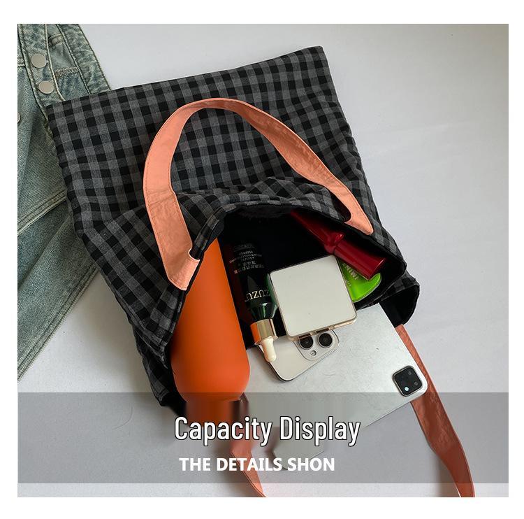 2025 Plaid Canvas Shoulder Bag - Large Capacity, Color Block, Autumn Casual Trend