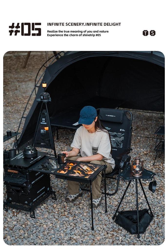 Mountain Fun Hexagonal Camping Table: Portable with 19 Lights, Lifting Storage Rack, and Detachable Aluminum Alloy Design.