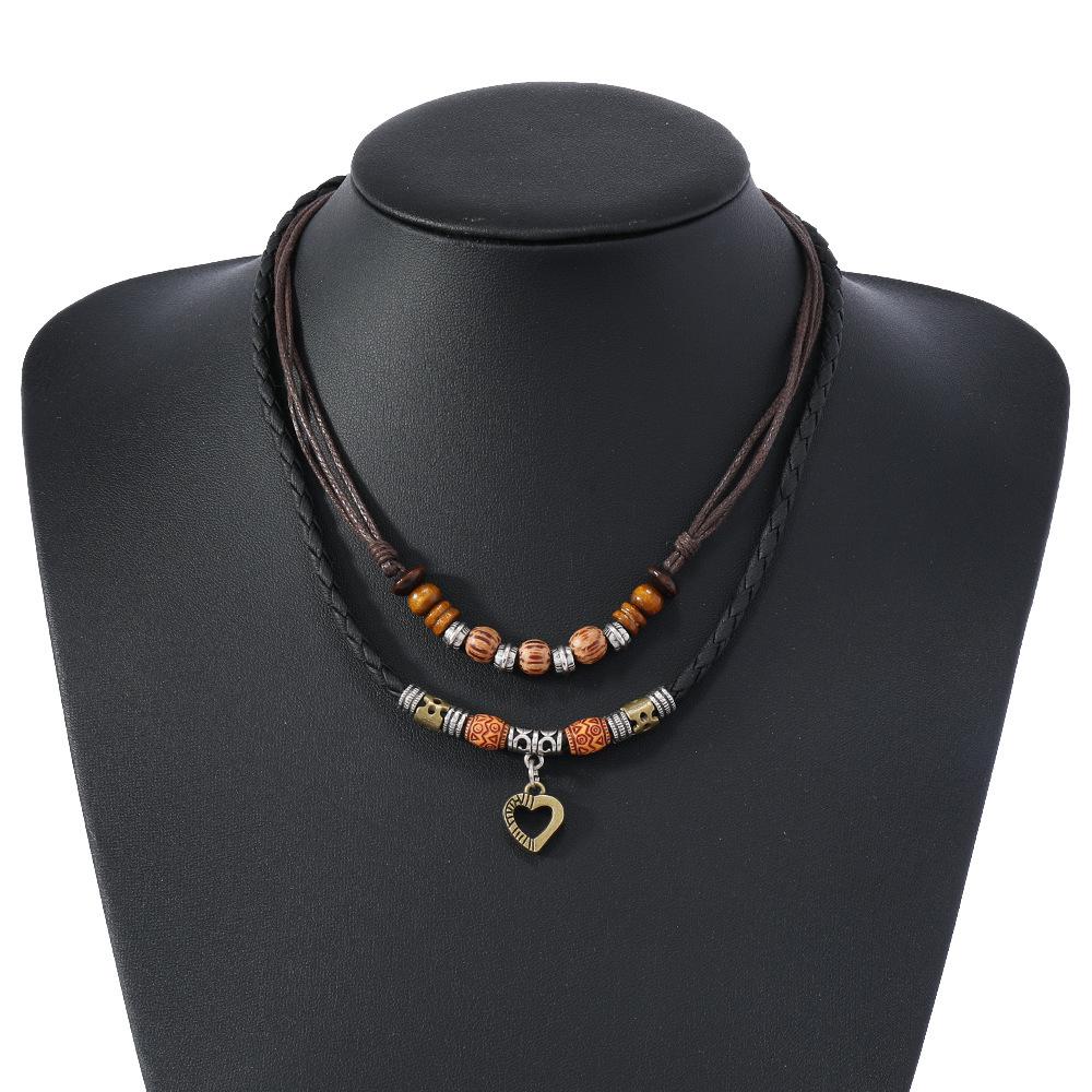Women's Retro Heart Cross Wooden Bead Multi-layer Ethnic Necklace