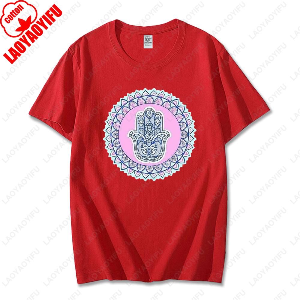 Blue Hamsa Hand Spiritual Protection Cotton Tops for Men Women Namaste Mandala Graphic Regular Short Sleeve Funny Casual Tshirt