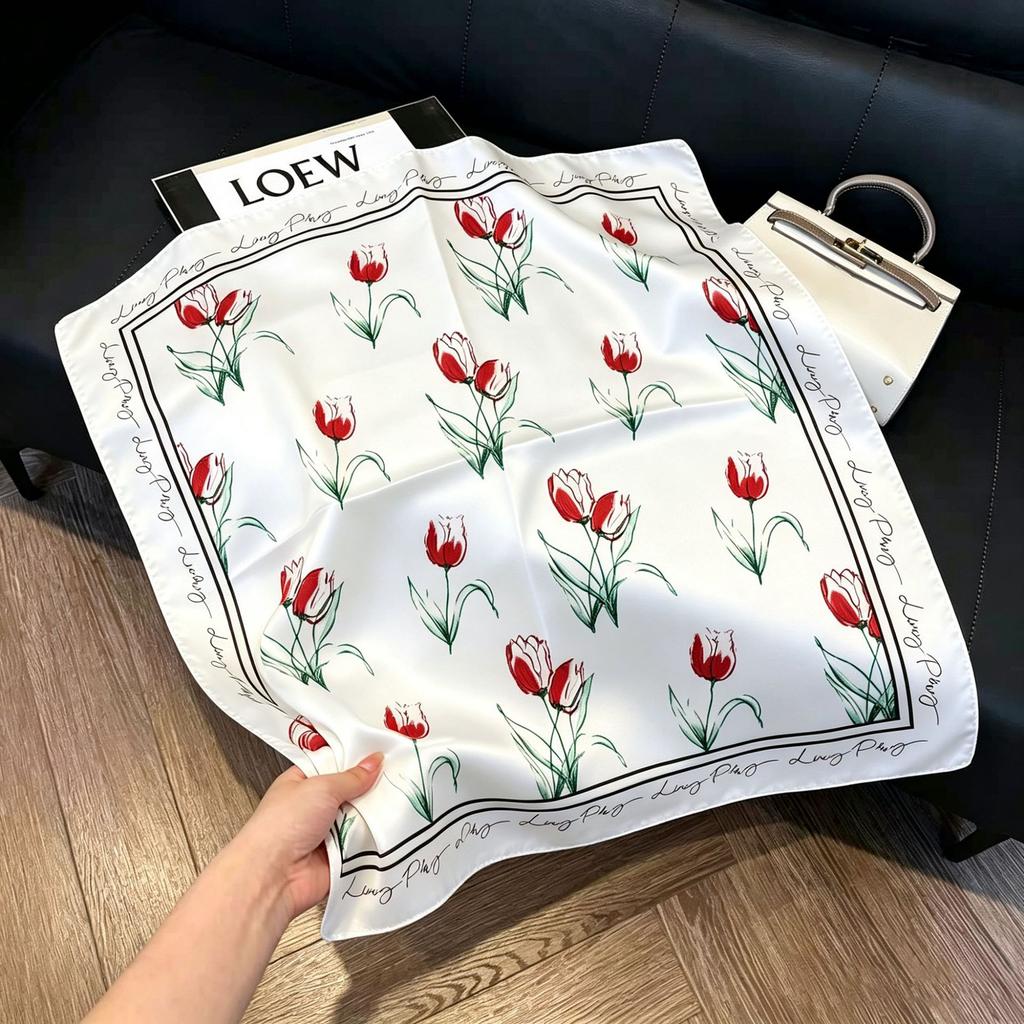 71Cm New Chinese Simulation Silk Square Scarf Soft and Skin-friendly Ink Flower Rhyme Printing Silk Scarf Neck Sunscreen Small Scarf
