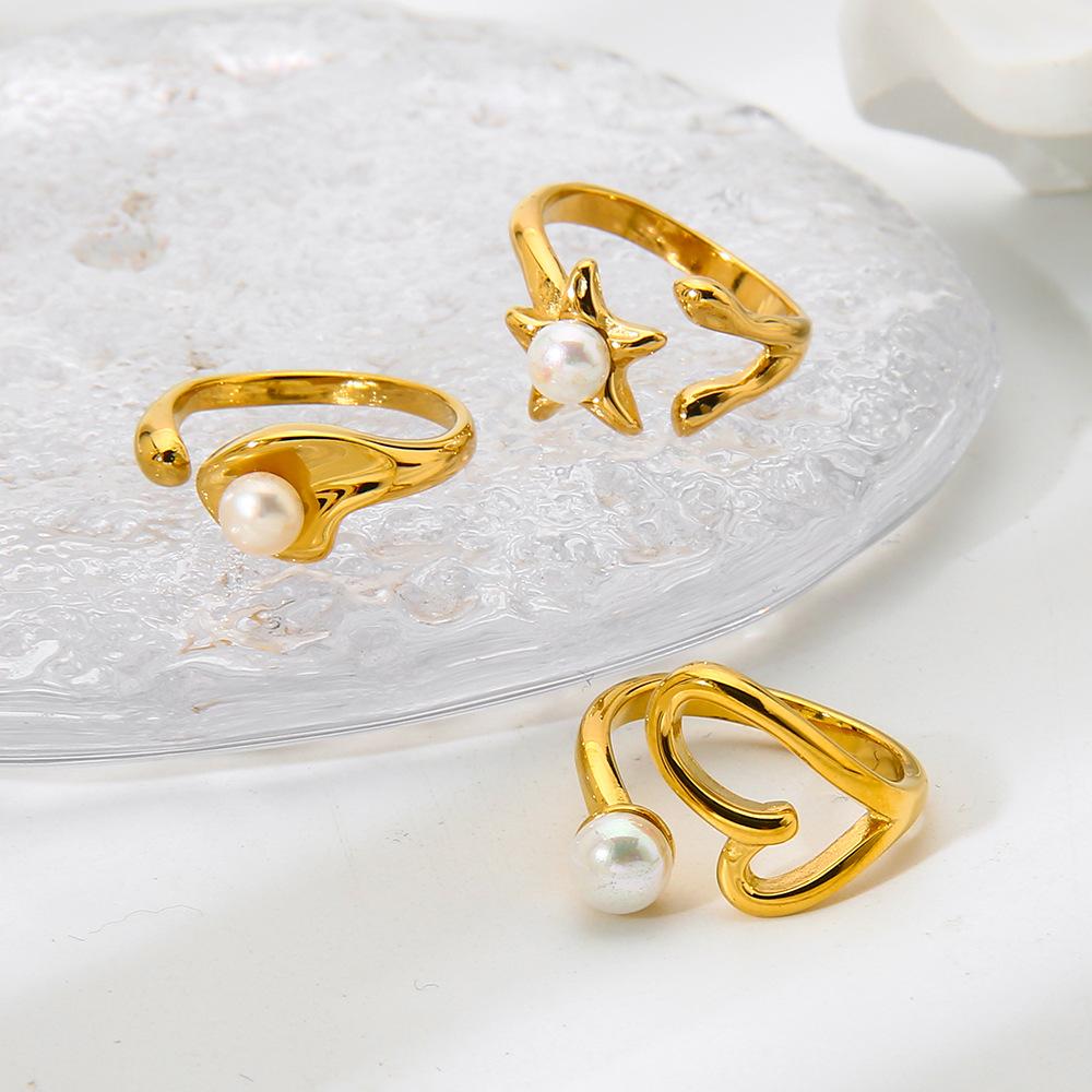 Exquisite and elegant inlaid imitation pearl special-shaped line open ring plated with 18K gold stainless steel design ring