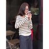 Korean-Style Color-Block Striped Long-Sleeve T-Shirt for Women, Early Spring, Faux Two-Piece Slim-Fit Knit Top, Casual Slimming Short Top